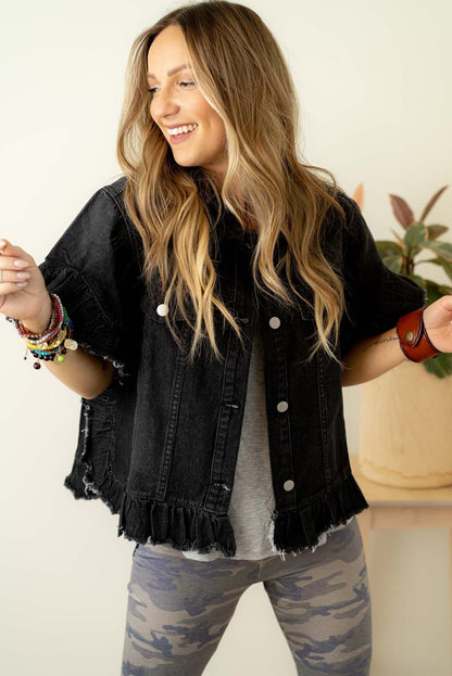 Raw Edge Ruffled Short Sleeve Denim Jacket | Black