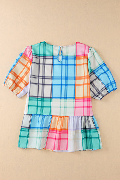 Bold Plaid Colour Block Puff Sleeve Peplum Top | Multicolour