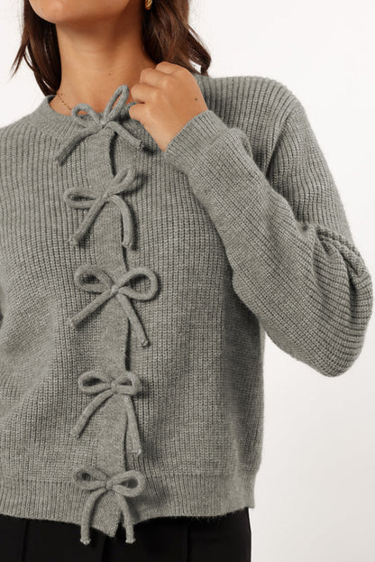 Ribbed Knit Bow Front Buttoned Cardigan | Philippine Gray