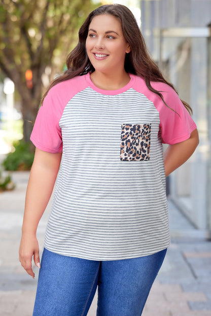 Leopard Patch Pocket Plus Size Raglan Sleeve Tee | Stripe