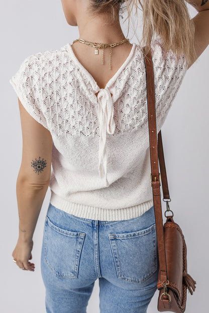 Eyelet Knit Tied Back Short Sleeve Sweater | White