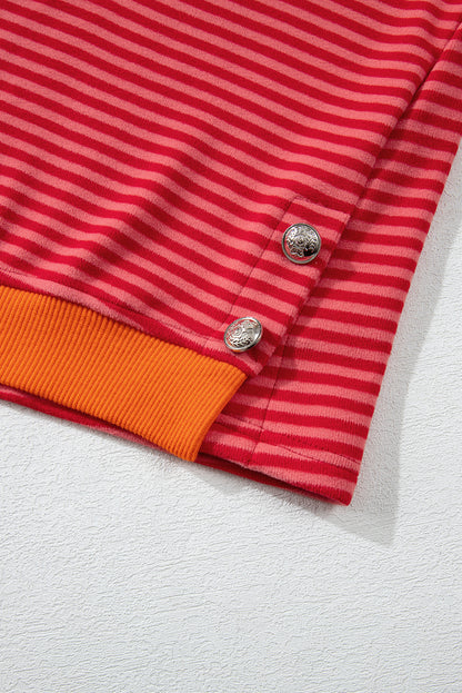 Two Tone Striped Side Buttons Drop Shoulder Top | Tomato Red