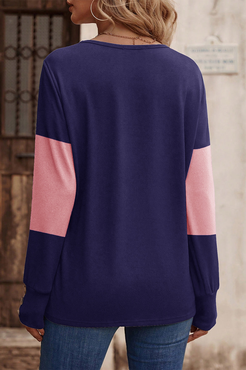 Colourblock Button Decor Long Sleeve V Neck Top | Blue Stripe