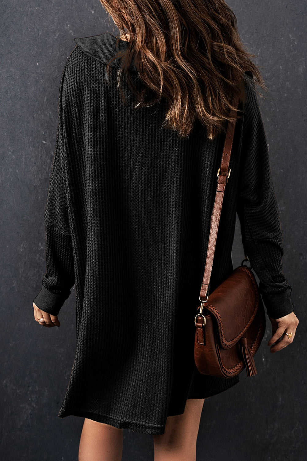 Waffle Knit Buttoned Long Sleeve Top | Black