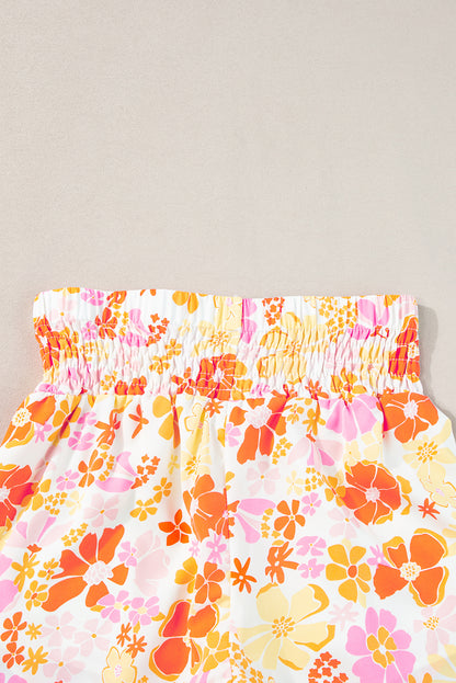 Boho Floral Shirred High Waist Casual Shorts | Orange