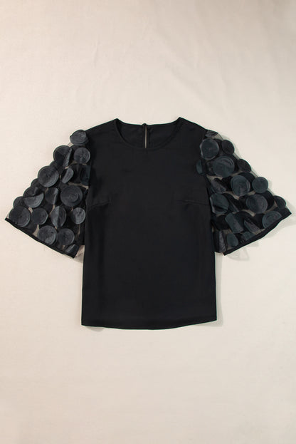 Contrast Applique Mesh Half Sleeve Blouse | Black