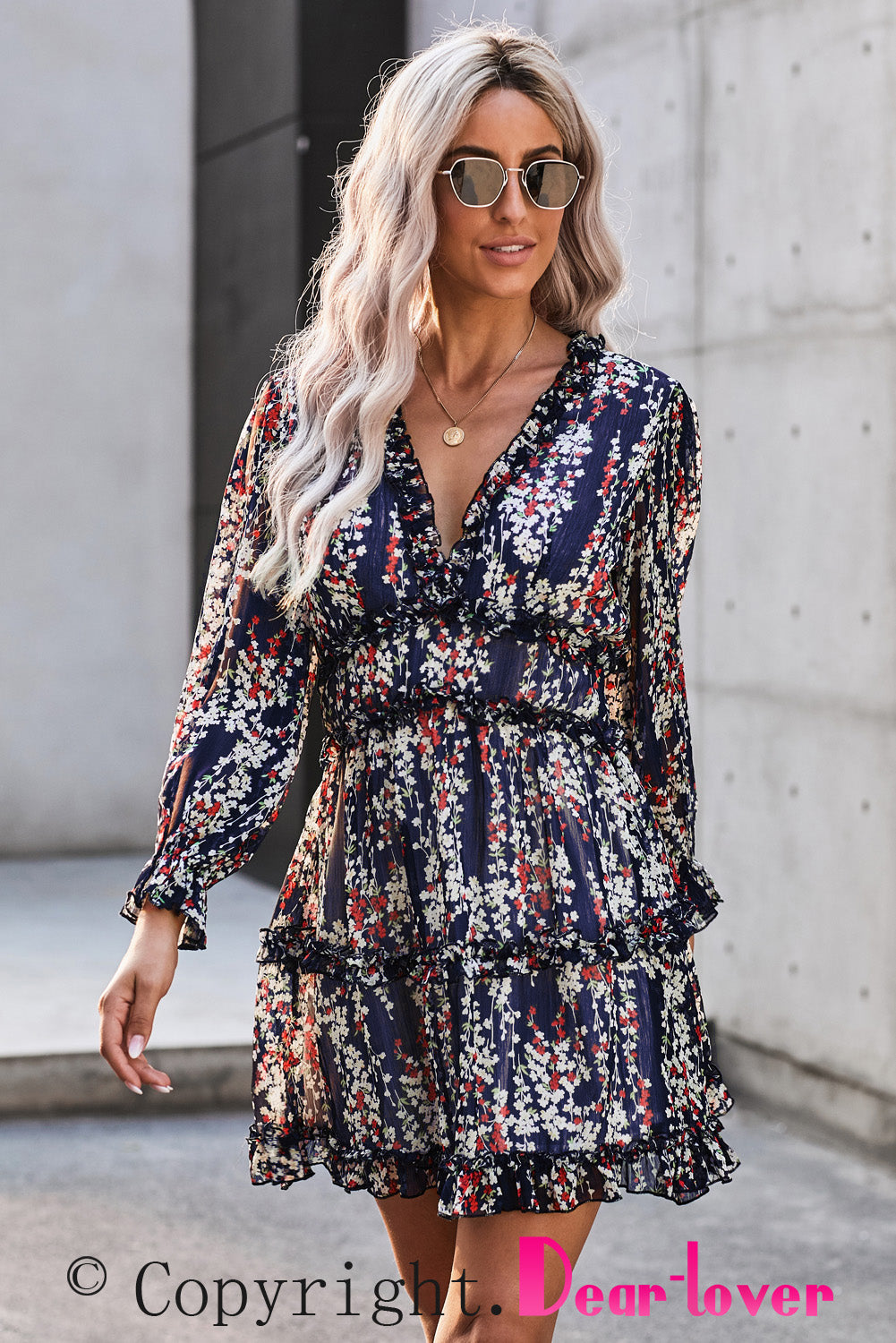 Ruffle Detailing Open Back Floral Dress | Blue