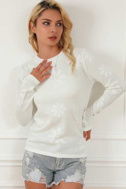 Flower Knit Long Sleeve Sweater | White