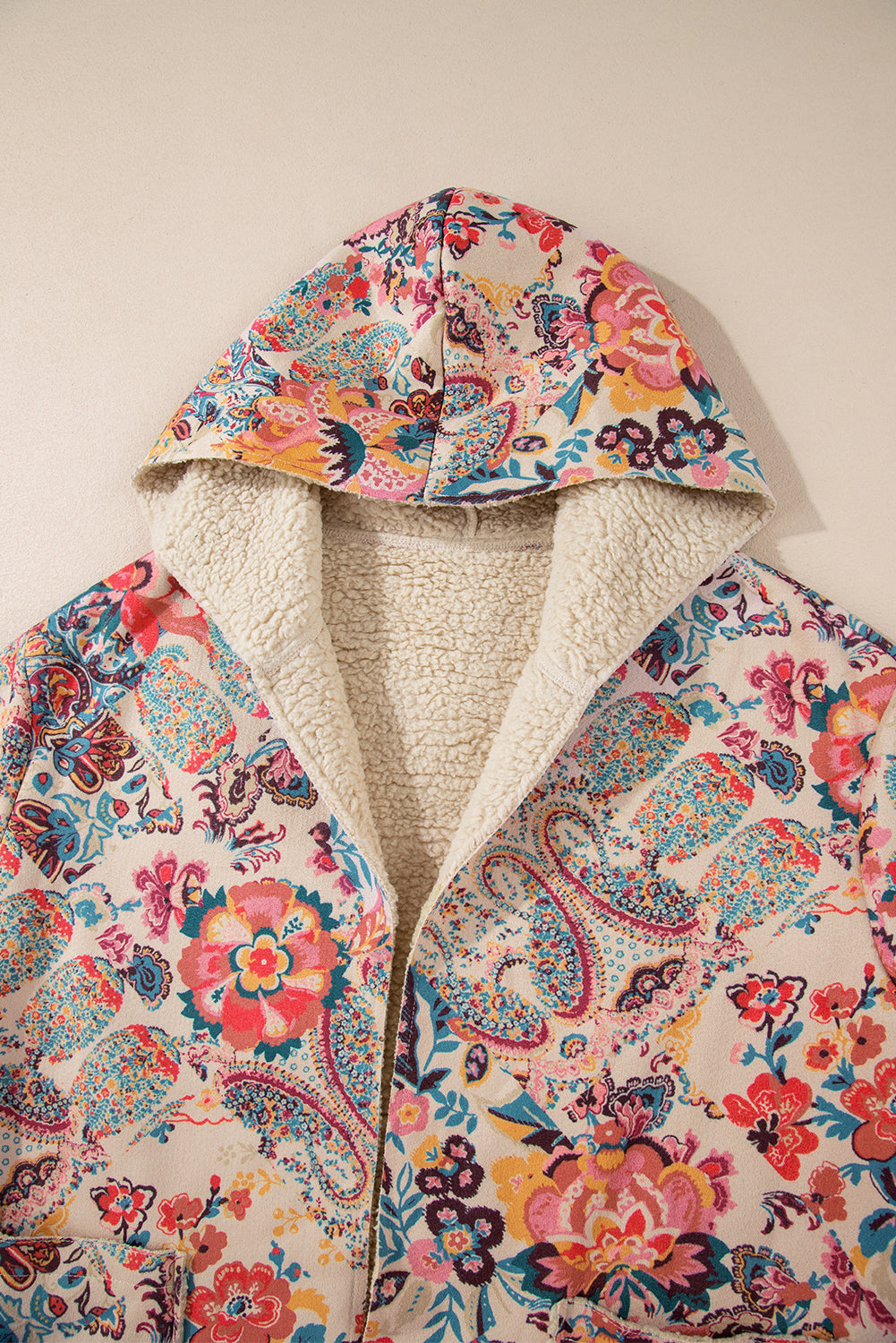 Vintage Paisley Floral Printed Sherpa Lined Hooded Jacket | Beige