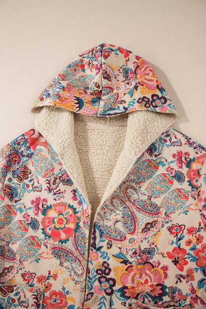 Vintage Paisley Floral Printed Sherpa Lined Hooded Jacket | Beige