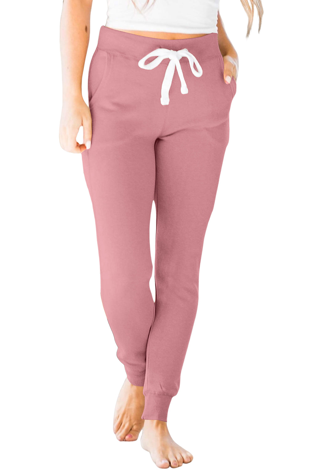 Drawstring Waist Pocketed Joggers | Fushia