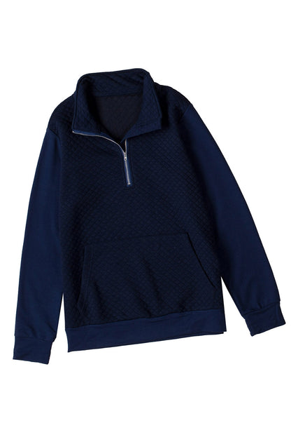 Navy Stand Neck Waffle Zip Up Sweatshirt | Blue