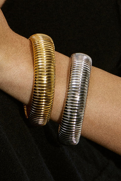 Textured Striped Plated Titanium Steel Chunky Bangle | Gold