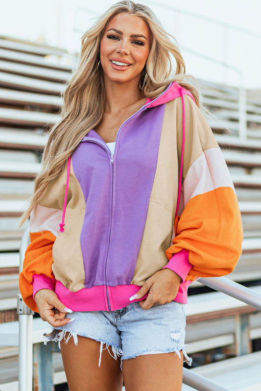 Grapefruit Orange Oversized Colorblock Patchwork Full Zipped Hoodie