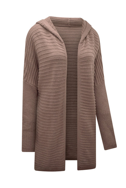 Horizontal Rib Knitted Open Front Hooded Cardigan | Brown