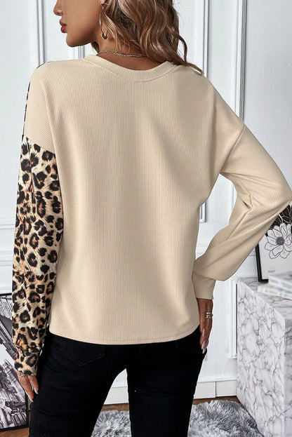 Leopard Colourblock Waffle Knit Top | Pale Khaki