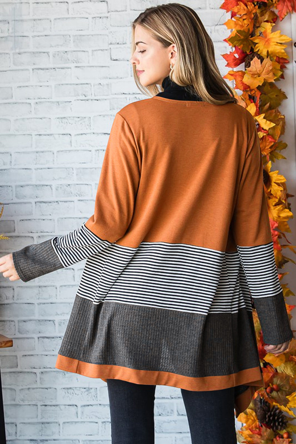 Colourblock Striped Patchwork Open Cardigan | Orange