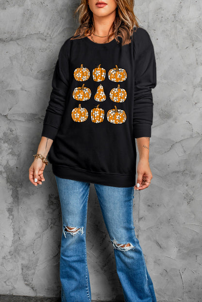 Floral Pumpkin Graphic Round Neck Halloween Sweatshirt | Black