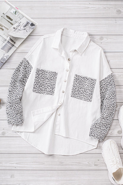 Contrast Leopard Denim Jacket | White