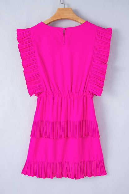 Solid Colour Pleated Layered Flutter Mini Dress | Bright Pink