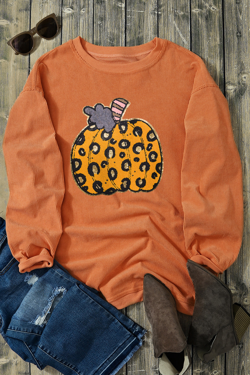 Halloween Leopard Pumpkin Patchwork Ribbed Sweatshirt | Orange