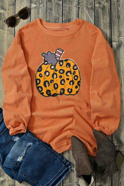 Halloween Leopard Pumpkin Patchwork Ribbed Sweatshirt | Orange