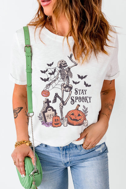 Skull Pumpkin Face Stay Spooky Graphic Halloween T Shirt | White