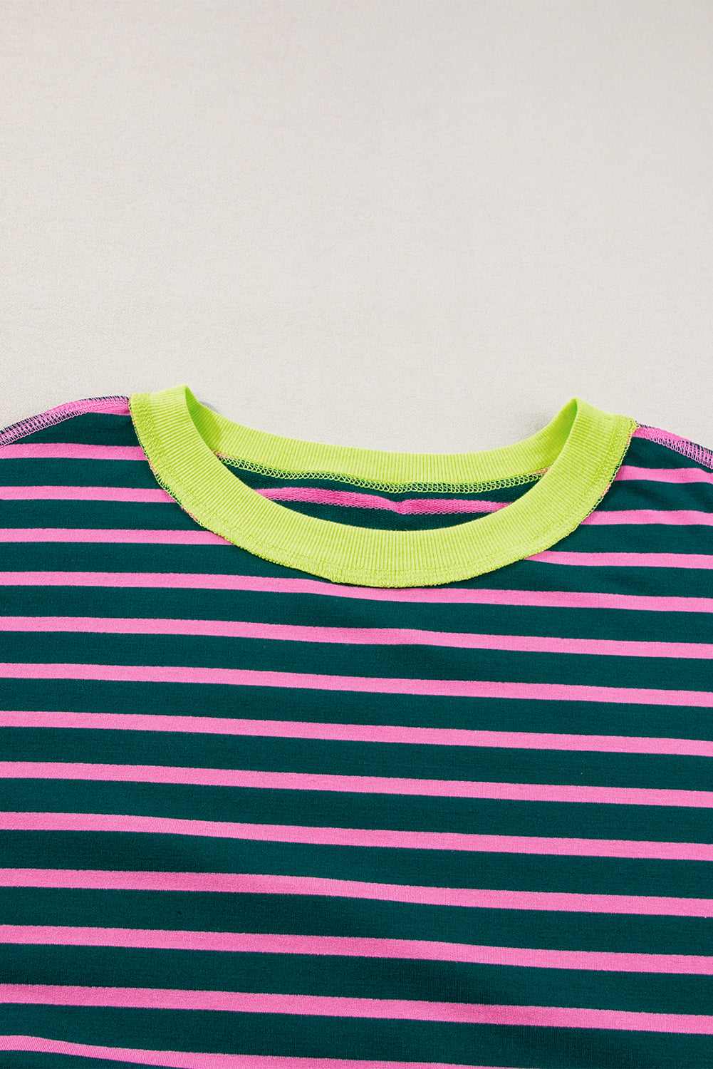 Oversized Contrast Trim Exposed Seam High Low T Shirt | Green Stripe