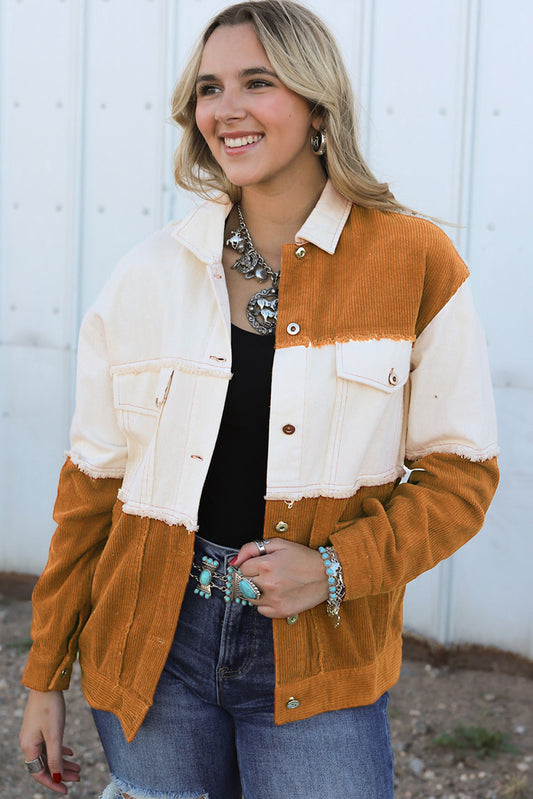 Brown Colorblock Flap Pocket Raw Edge Buttoned Jacket