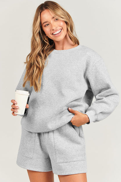 Solid Pullover Sweatshirt And Shorts 2 Piece Set | Light Grey