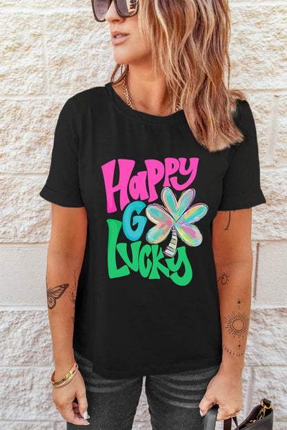 Happy Go Lucky Clover Print Crew Neck T Shirt | Black