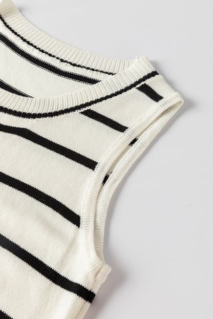 Striped Round Neck Sweater Vest | White