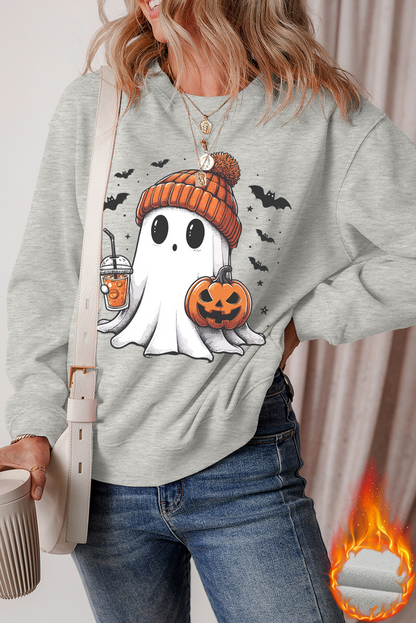 Halloween Ghost Print Crewneck Drop Shoulder Sweatshirt | Gray