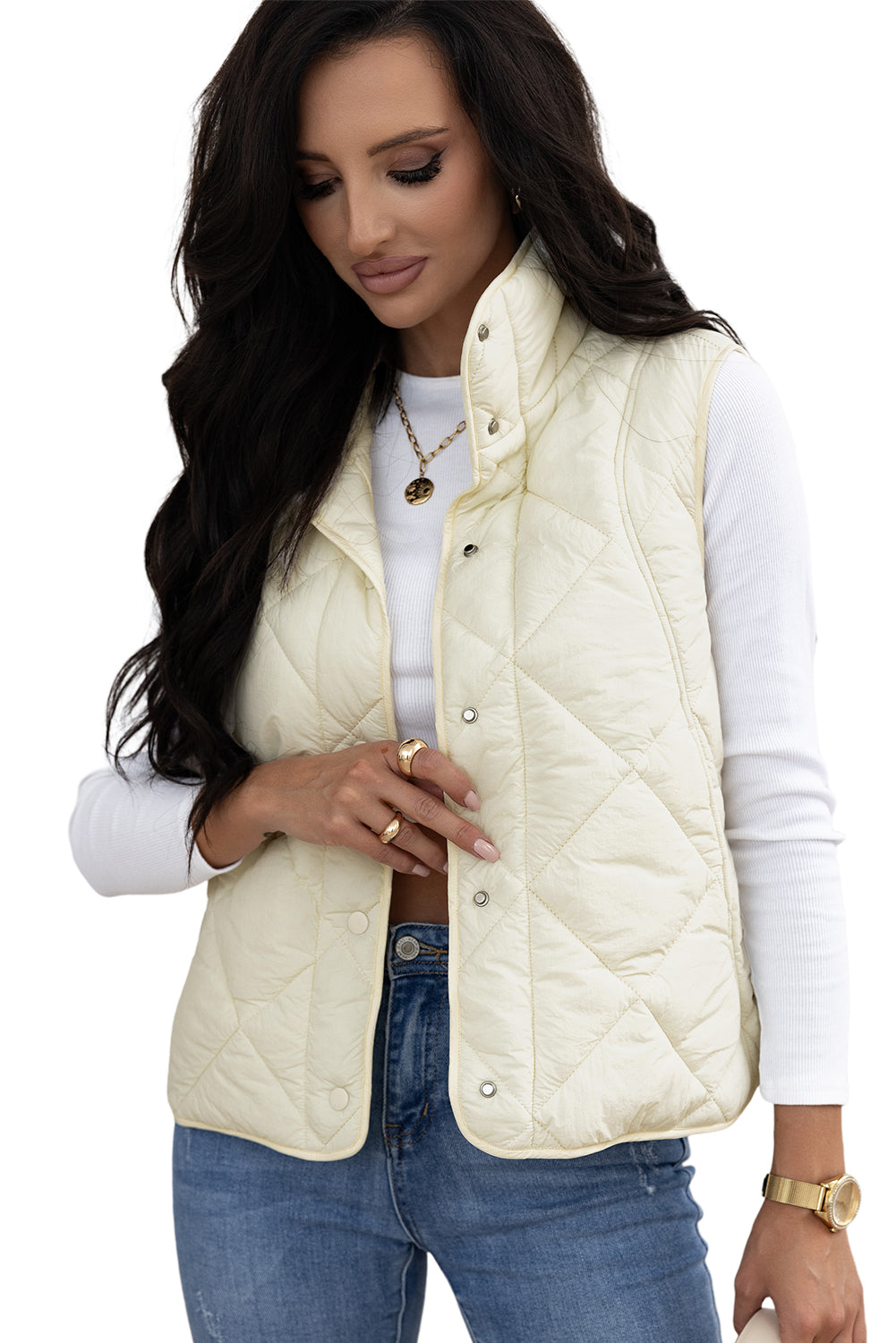 Quilted High Neck Button Up Pocket Vest Coat | Beige