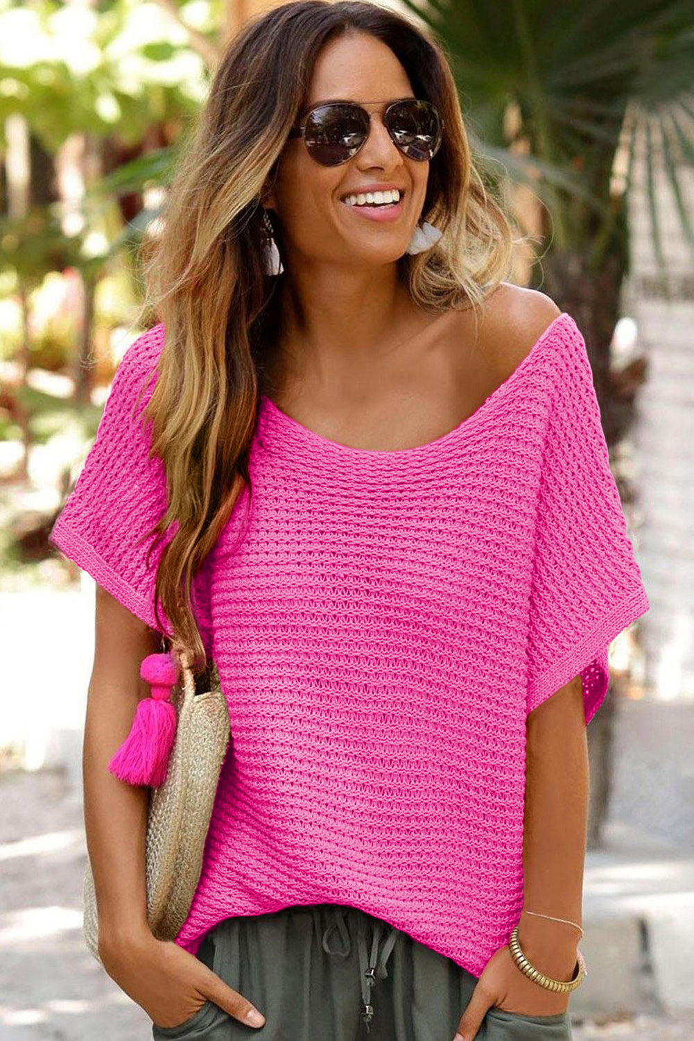 Solid Loose Knit Short Dolman Sleeve Sweater | Pink