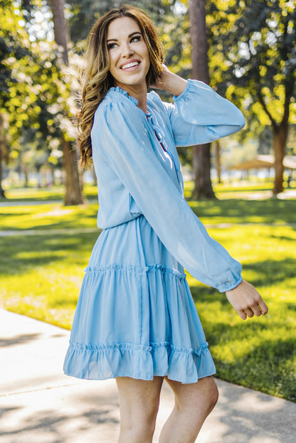 Light Blue V Neck Long Sleeve Ruffle Tiered Mini Dress | Sky Blue