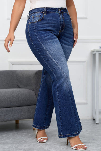 Plus Size Stitching Washed Flare Jeans | Dark Blue