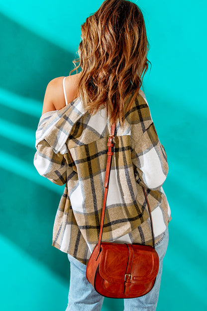 Button-Up Pocket Long Sleeve Plaid Shacket | Khaki