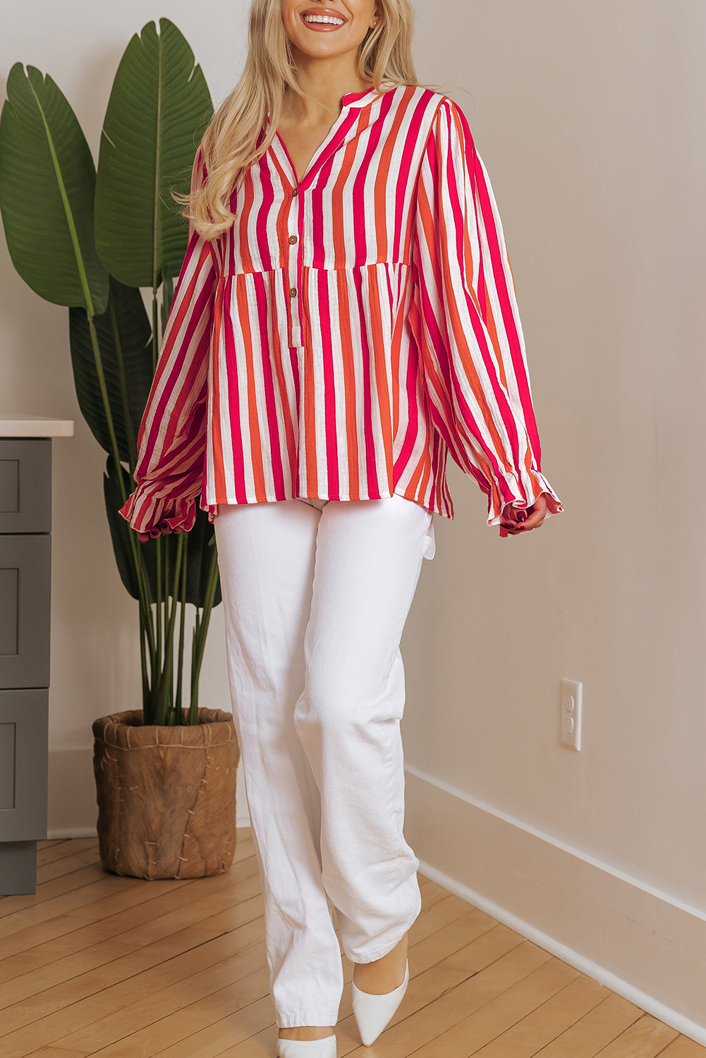 Balloon Sleeve Notched V Neck Buttoned Front Blouse | Orange Stripe