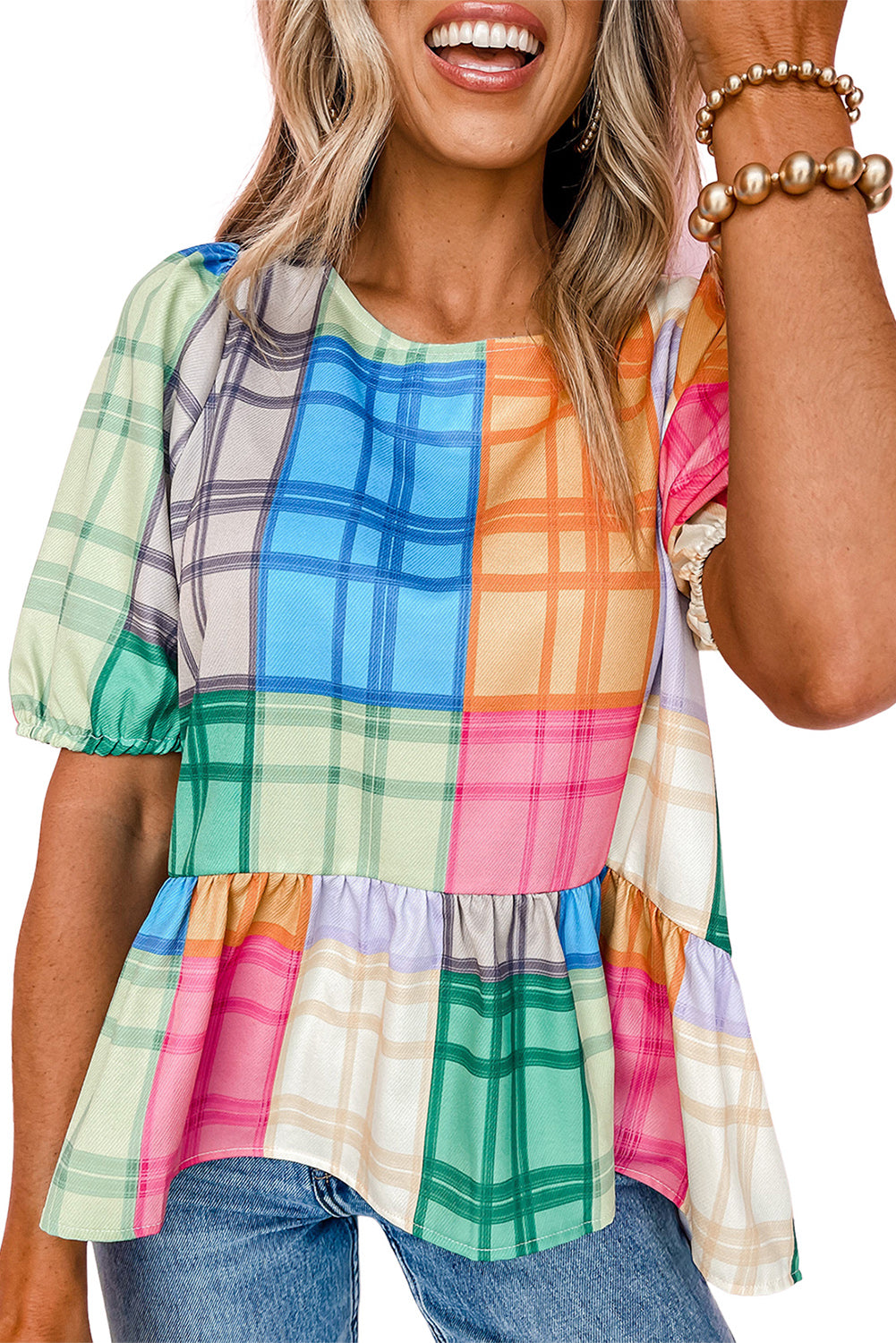 Bold Plaid Colour Block Puff Sleeve Peplum Top | Multicolour