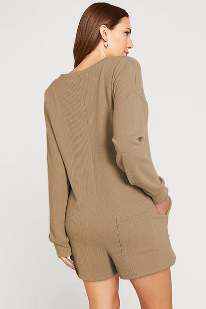 Brushed Ribbed Button Split V Neck Long Sleeve Romper | Khaki