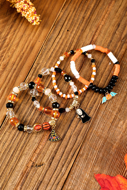 Halloween Pumpkin Ghost Pendant Layered Beaded Bracelet Set | Orange