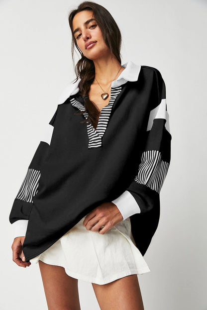 Striped Colourblock Patchwork Collar Sweatshirt | Black