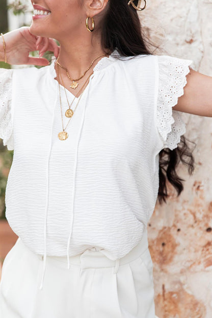 Embroidered Ruffle Trim Textured Blouse | White