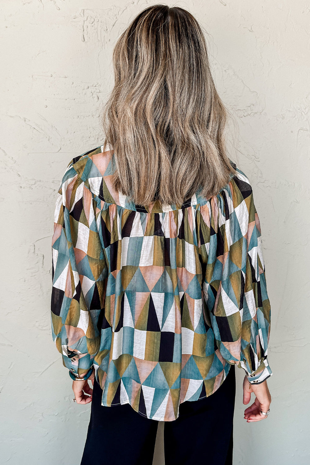 Geometric Print Buttoned Balloon Sleeve Loose Fit Shirt | Green