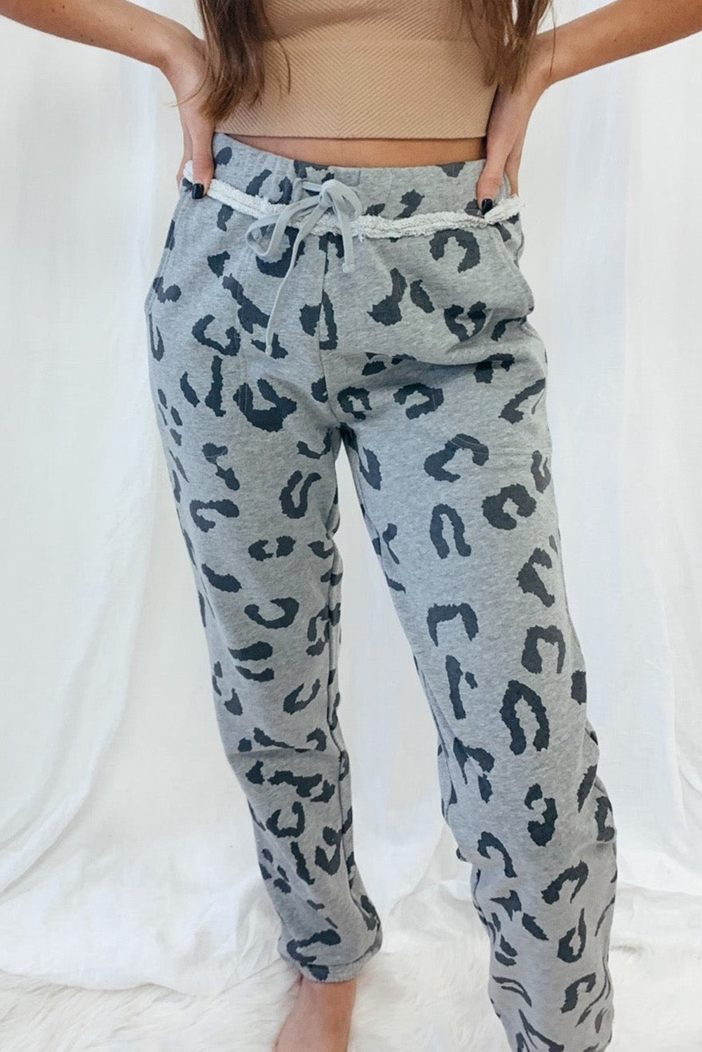 Leopard Print Drawstring High Waist Jogger Pants | Gray