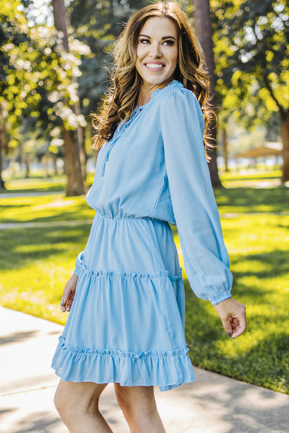 Light Blue V Neck Long Sleeve Ruffle Tiered Mini Dress | Sky Blue