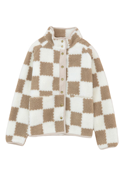 Checked Snap Button Sherpa Jacket | Brown