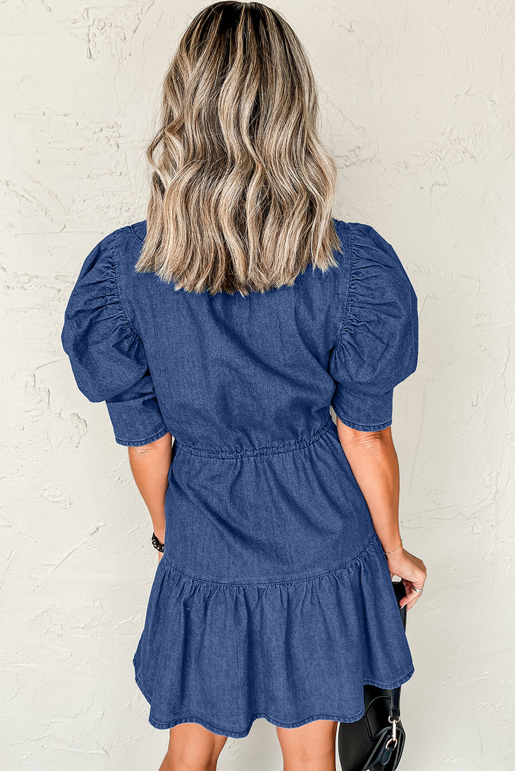 Drawstring High Waist Puff Sleeve Denim Mini Dress | Blue