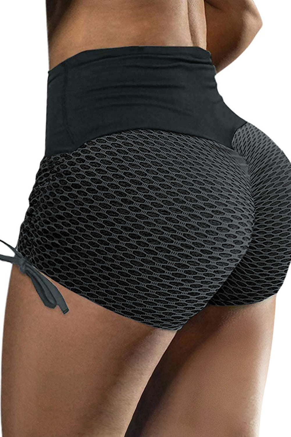 Side Drawstring Anti Cellulite High Waist Scrunch Butt Lift Shorts | Black